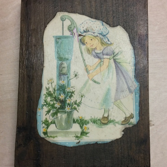 3/$32 VTG 70s Real Wood Wall Hanging Plaque/Holly Hobbie Girl Shabby Decoupage - Picture 1 of 8